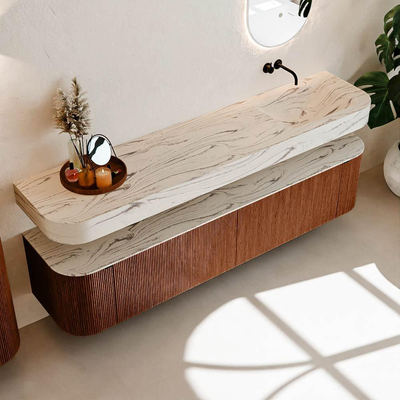 MONDIAZ THOR-DLUX Meuble de salle de bains - 200cm - arrondi gauche + droite - couleur Ruby - 2 tiroirs et 2 portes - Vasque suspendue CLOUD Droite sans trou de robinet - couleur Nata