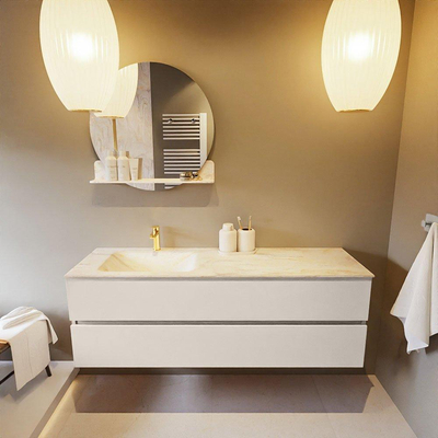 Mondiaz VICA-DLUX ensemble de meuble de salle de bain - 150cm - meuble sous-vasque lin - 2 tiroirs - lavabo encastrée cloud gauche - 1 trou de robinet - version haute de 60cm - ostra