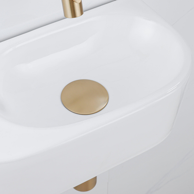 QeramiQ Fuente Fonteinset - 40x21.5x12cm - glad - halfrond - keramiek - fonteinkraan geborsteld messing - afvoerplug - verlaagd sifon - wit glans