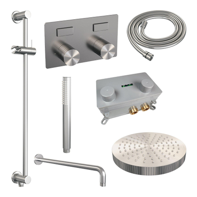 BRAUER Stripe Thermostatische Inbouw Regendouche - drukknoppen - SET 32 - 25cm douchekop - gebogen muurarm - staaf handdouche - doucheslang - geïntegreerde glijstang - RVS-kleurig geborsteld PVD