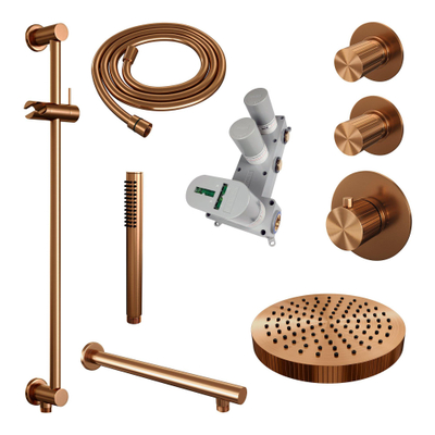 BRAUER Stripe Thermostatische Inbouw Regendouche - SET 07 - 25cm douchekop - rechte muurarm - staaf handdouche - doucheslang - geïntegreerde glijstang - koper geborsteld PVD