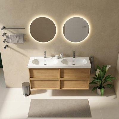Saniclass Holz Frame Ensemble meuble de salle de bains - 140x45x63.5cm - vasque en céramique Palermo blanche - 2 lavabos - 2 trous de robinet - 4 tiroirs - chêne natural mat (bois)