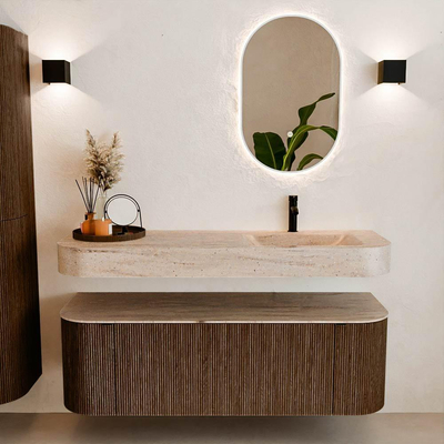 MONDIAZ THOR-DLUX 140cm badmeubel ronding links + rechts kleur Walnut met 1 lade en 2 deuren. Vrijhangende wastafel CLOUD Rechts 1 kraangat kleur Saba.