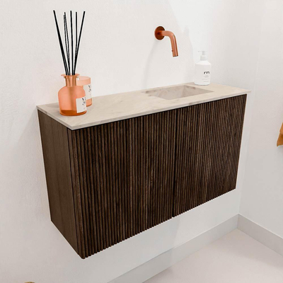 Mondiaz JOYA-DLUX 70cm toiletmeubel - kleur Walnut - Wastafel FAYE positie Rechts Zonder kraangat kleur Frappe.