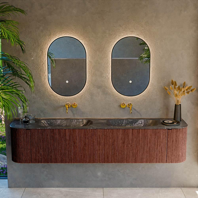 Mondiaz KURVE-DLUX Ensemble de meubles de salle de bains - 200x46x40cm - 2 tiroirs - 2 portes - lavabo solid surface - double - sans trou de robinet - Ruby