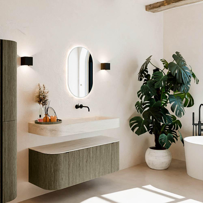 MONDIAZ THOR-DLUX 120cm meuble de salle de bains arrondi gauche + droite couleur Shadow avec 1 tiroir et 2 portes. Vasque suspendue CLOUD Droite sans trou de robinet couleur Meli.