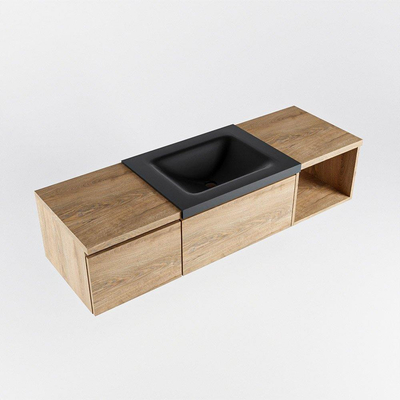 MONDIAZ BUKLA meuble de salle de bain 140 cm avec module ouvert 40 à droite couleur Chêne blanchi avec 2 tiroirs. Lavabo CLOUD centre 0 trous de robinet couleur Urbain.