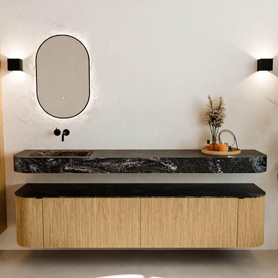 MONDIAZ THOR-DLUX 200cm meuble de salle de bains arrondi gauche + droite couleur Oak avec 2 tiroirs et 2 portes. Vasque suspendue CLOUD Gauche sans trou de robinet couleur Lava.