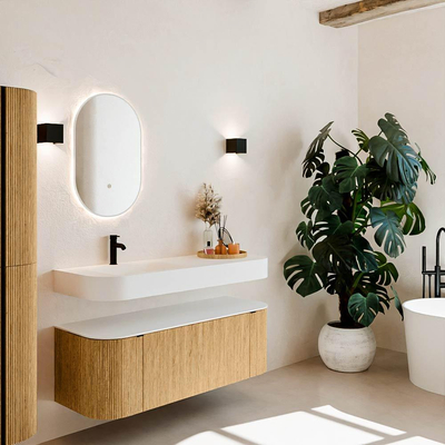 MONDIAZ THOR 130cm meuble de salle de bains arrondi gauche + droite couleur Oak avec 1 tiroir et 2 portes. Vasque suspendue CLOUD gauche 1 trou de robinet couleur Talc.