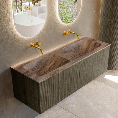 MONDIAZ KURVE-DLUX Meuble de salle de bains 130cm couleur Shadow avec 2 tiroirs et 0 portes. Lavabo LEAF Double sans trou de robinet Oza.