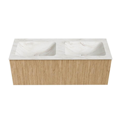 MONDIAZ KURVE-DLUX Meuble de salle de bains 120 cm couleur Oak avec 1 tiroir. Lavabo LEAF double sans trou de robinet couleur Ostra.