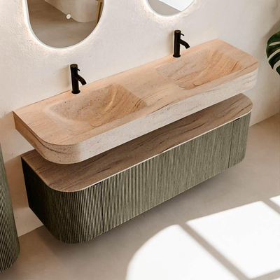 MONDIAZ THOR-DLUX 150cm meuble de salle de bains arrondi gauche + droite couleur Shadow avec 1 tiroir et 2 portes. Vasque suspendue CLOUD Double 2 trous de robinet couleur Saba.