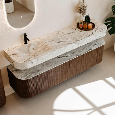 MONDIAZ THOR-DLUX 180cm meuble de salle de bains arrondi gauche + droite couleur Walnut avec 2 tiroirs et 2 portes. Vasque suspendue CLOUD gauche 1 trou de robinet couleur Glace.