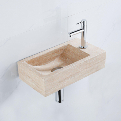 Saniclass Fuente Ensemble fontaine - 40x22x10cm - trou de robinet à droite - robinet de fontaine chrome - bouchon de vidange - siphon bas - pierre naturelle marbrée