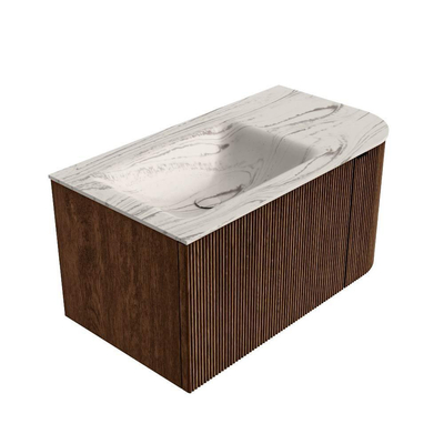 MONDIAZ KURVE-DLUX meuble de salle de bains 85cm arrondi droit couleur noyer avec 1 tiroir et 1 porte. Lavabo CLOUD gauche 1 trou de robinet Nata.
