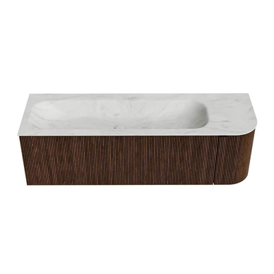 MONDIAZ KURVE-DLUX Meuble de salle de bains 145 cm avec module 25 R couleur Walnut avec 1 tiroir et 1 porte. Lavabo BIG LARGE gauche 1 trou de robinet couleur Opalo.