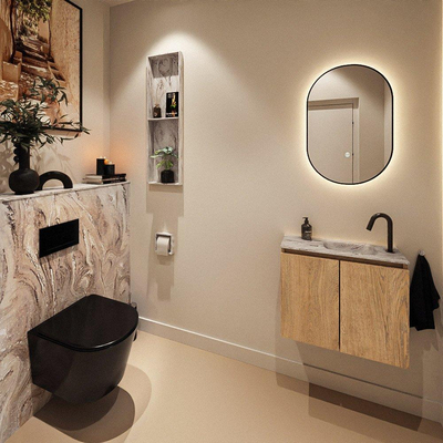 MONDIAZ TURE-DLUX Meuble toilette - 60cm - Washed Oak - EDEN - vasque Glace - position droite - 1 trou de robinet