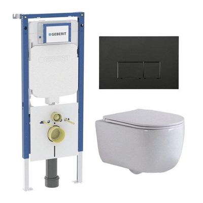 QeramiQ Dely Swirl Toiletset - 36.3x51.7cm - diepspoel - rimless - Geberit UP720 Duofix Sigma inbouwreservoir - slim zitting - mat zwarte metalen bedieningsplaat - rechtehoekige knoppen - mat wit