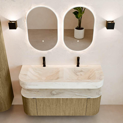 MONDIAZ THOR-DLUX 130cm meuble de salle de bains arrondi gauche + droite couleur Dusk avec 1 tiroir et 2 portes. Vasque suspendue CLOUD Double 2 trous de robinet couleur Ostra.