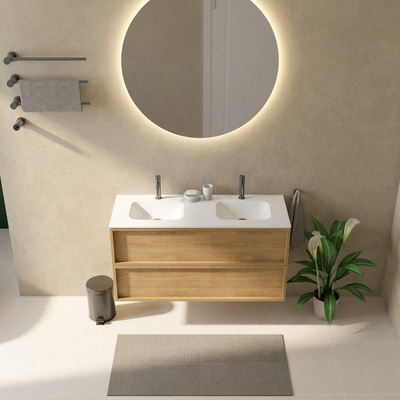 Saniclass Holz Frame Badkamermeubelset - 120x45x61.5cm - Flow solid surface wastafel wit - 2 wasbakken - 2 kraangaten - 2 lades - mat eiken natural (hout)