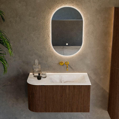 MONDIAZ KURVE-DLUX 85cm badmeubel met module 25 L kleur Walnut met 1 lade en 1 deur. Wastafel CLOUD rechts zonder kraangat kleur Frappe.