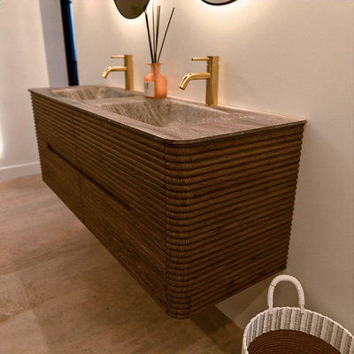 Mondiaz CIRO-DLUX Meuble de salle de bains avec vasque - 140x45x50cm - Plan vasque solid surface Oza - 2 vasques Double - 2 trous de robinetterie - 4 tiroirs - Dusk