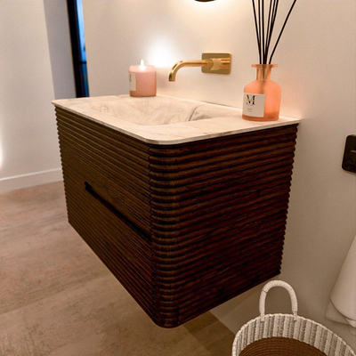 Mondiaz CIRO-DLUX Ensemble de meubles de salle de bains - 80x45x50cm - lavabo en solid surface Frappe - 1 vasque au milieu - sans trous de robinet - 2 tiroirs - Noyer