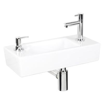 Differnz Sapon kit lave-mains - 42x18.5x9cm - Rectangulaire - 1 trou de robinet - eau chaude/froide - Chrome - Céramique Blanche