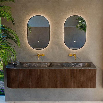 MONDIAZ KURVE-DLUX 175cm badmeubel met module 25 L kleur Walnut met 2 lades en 1 deur. Wastafel STOR SMALL dubbel / rechts zonder kraangat kleur Lava.