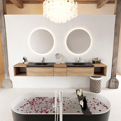 MONDIAZ BUKLA 280cm ensemble de meuble avec module ouvert 40 L+R couleur Chêne blanchi avec 3 tiroirs. Lavabo CLOUD double 2 trous de robinet couleur Urbaine.
