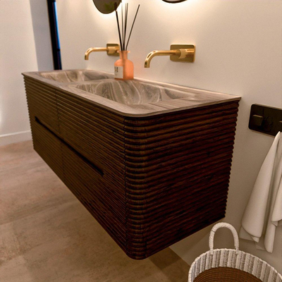 Mondiaz CIRO-DLUX Badkamermeubelset - 130x45x50cm - Solid surface wastafel Sombra - 2 wasbak Dubbel - zonder kraangaten - 4 lades - Walnut