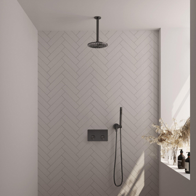 BRAUER gunmetal Carving Douche de pluie thermostatique encastrée - boutons-poussoirs - SET 53 - pomme de douche 20 cm - bras de plafond - douchette barre - flexible de douche - coude de raccord mural - gunmetal brossé PVD