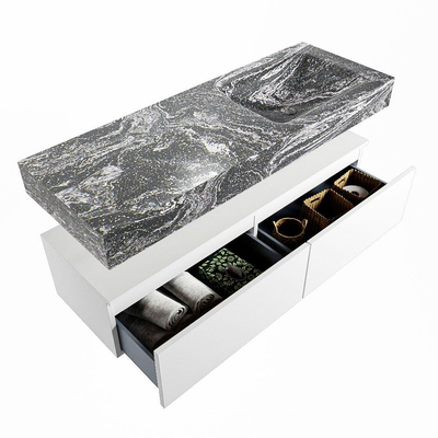Mondiaz ALAN-DLUX Ensemble de meuble - 130cm - meuble Talc mat - 2 tiroirs - Lavabo Cloud Lava suspendu - vasque Droite - 1 trou de robinet