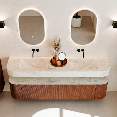 MONDIAZ THOR-DLUX Meuble de salle de bains 190cm arrondi gauche + droite couleur Ruby avec 2 tiroirs et 2 portes. Vasque suspendue CLOUD Double sans trou de robinet couleur Ostra.