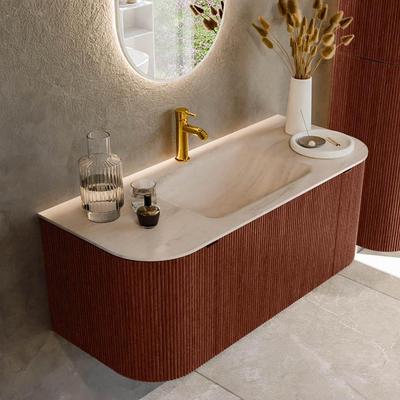 MONDIAZ KURVE-DLUX 110cm badmeubel ronding Links + Rechts kleur Ruby met 1 lade en 2 deuren. Wastafel CLOUD Midden 1 kraangat Meli.