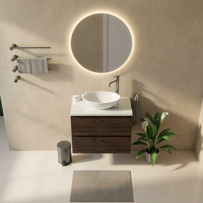Saniclass Holz Pure Ensemble de meubles de salle de bains - 80x45x63cm - Plan vasque en marbre Dia poli (blanc) - 1 trou de robinet - 2 tiroirs - chêne charcoal mat (bois)