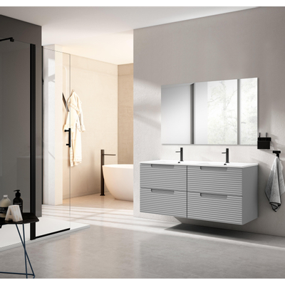 Saniclass Prime Balance Ensemble meuble de salle de bains - 120x55x45cm - 2 vasques ovales en céramique blanc - 2 trous de robinet - 4 tiroirs - miroir rectangulaire - mat greige (gris)