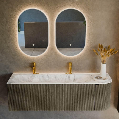 Mondiaz KURVE-DLUX Badkamermeubelset - 145x46x40cm - 1 lade - 1 deur - wastafel solid surface - links - 2 kraangaten - Shadow