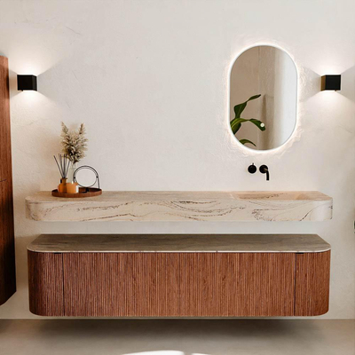 MONDIAZ THOR-DLUX 190cm meuble de salle de bains arrondi gauche + droite couleur Ruby avec 2 tiroirs et 2 portes. Vasque suspendue CLOUD Droite sans trou de robinet couleur Arena.