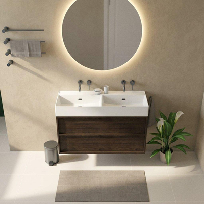 Saniclass Holz Frame Ensemble meuble de salle de bains - 120x45x72cm - Legend lavabo en céramique blanc mat - 2 vasques - 2 trous de robinetterie - 2 tiroirs - chêne charcoal mat (bois)