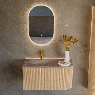 MONDIAZ KURVE-DLUX Meuble de salle de bains 85cm arrondi à droite couleur chêne avec 1 tiroir et 1 porte. Lavabo CLOUD gauche 1 trou de robinet Oza.
