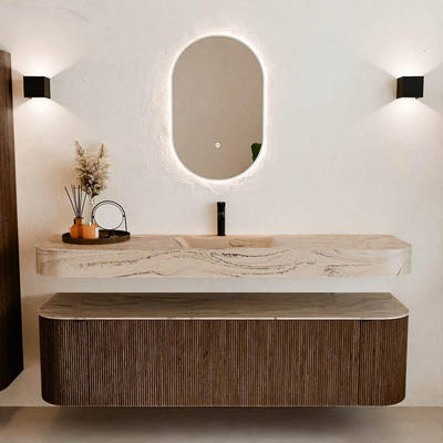 MONDIAZ THOR-DLUX 170cm badmeubel ronding links + rechts kleur Walnut met 1 lade en 2 deuren. Vrijhangende wastafel CLOUD Midden 1 kraangat kleur Arena.