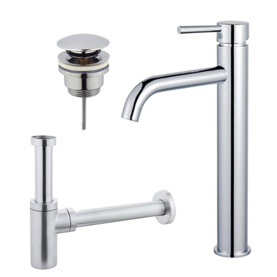 FortiFura Calvi Kit mitigeur lavabo - robinet rehaussé - bonde clic clac - siphon design - Chrome brillant