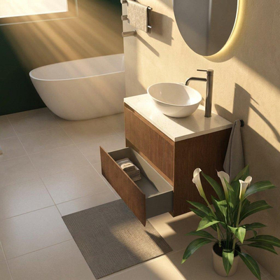 Saniclass Holz Atelier Ensemble de meubles de salle de bains - 80x45x63cm - Plan vasque en marbre Dia poli (blanc) - 1 trou de robinetterie - 2 tiroirs - walnut pure mat (bois)