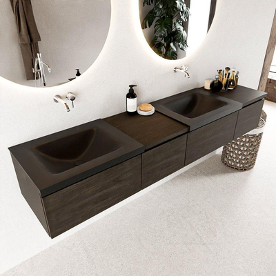 Mondiaz BUKLA badkamermeubelset 200x45x34cm 0 kraangaten 2 wasbakken solid surface Urban greeploos 4 lades met softclose Melamine Dark brown