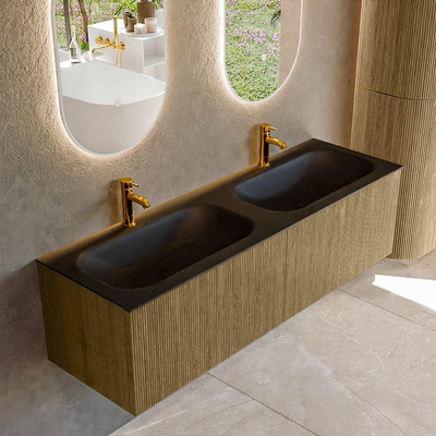 Mondiaz KURVE Badkamermeubelset - 150x46x40cm - 2 lade - wastafel solid surface - dubbel - 2 kraangaten - Dusk