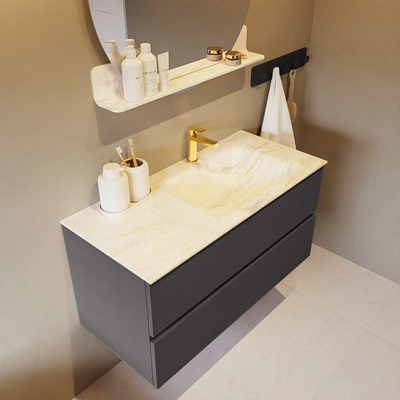 Mondiaz VICA-DLUX Ensemble de meuble de salle de bain - 100cm - meuble sous-vasque gris foncé - 2 tiroirs - lavabo encastré cloud droite - 1 trou de robinet - version haute de 60cm - ostra