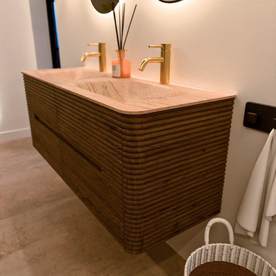 Mondiaz CIRO-DLUX Badkamermeubelset - 130x45x50cm - Solid surface wastafel Saba - 2 wasbak Dubbel - 2 kraangaten - 4 lades - Dusk