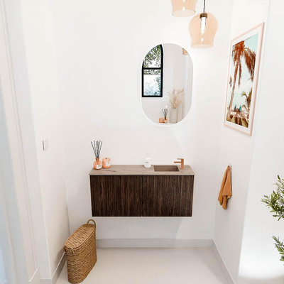 Mondiaz JOYA-DLUX 90cm toiletmeubel - kleur Walnut - Wastafel FAYE positie Rechts 1 kraangat kleur Arena.