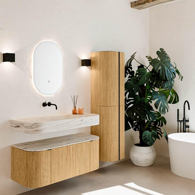 MONDIAZ THOR-DLUX 110cm badmeubel ronding links + rechts kleur Oak met 1 lade en 2 deuren. Vrijhangende wastafel CLOUD Midden zonder kraangat kleur Nata.